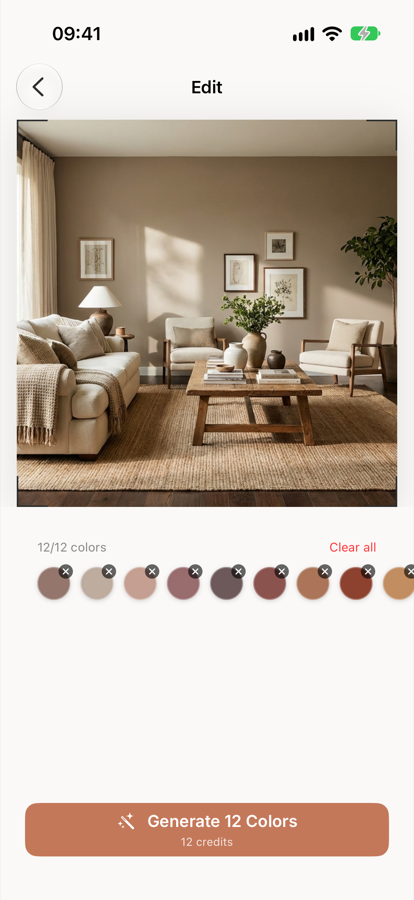 Twelve shades queued on one photo of a living room, the counter reading 12 of 12