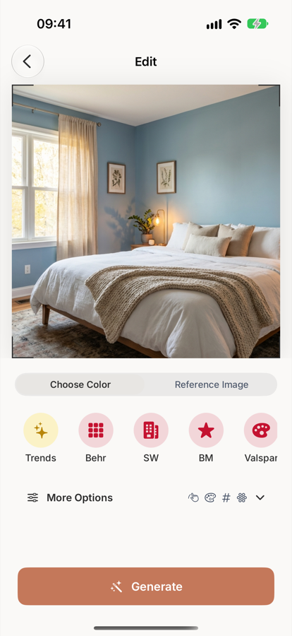 A customer bedroom open in Muro with the manufacturer row showing Behr, SW, BM and Valspar