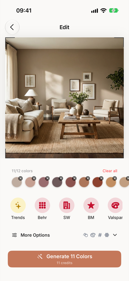A customer living room in Muro with eleven shades queued and the manufacturer row showing Behr, SW, BM and Valspar