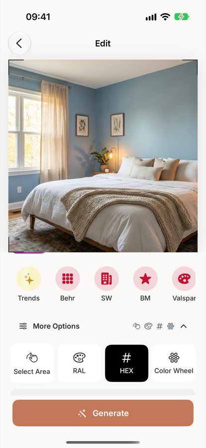 Muro with More Options open, showing Select Area, RAL, HEX and Color Wheel