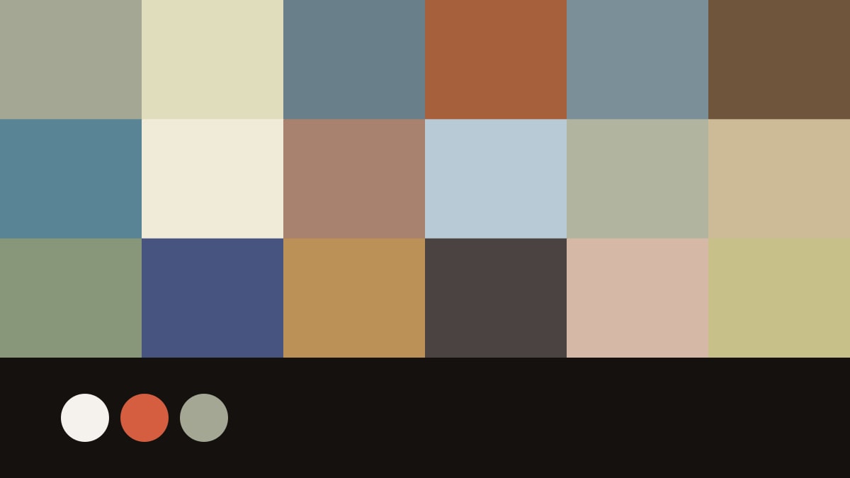 Grid of paint swatches from the Colors of the Year 2027 next to a dark band with three round color dots