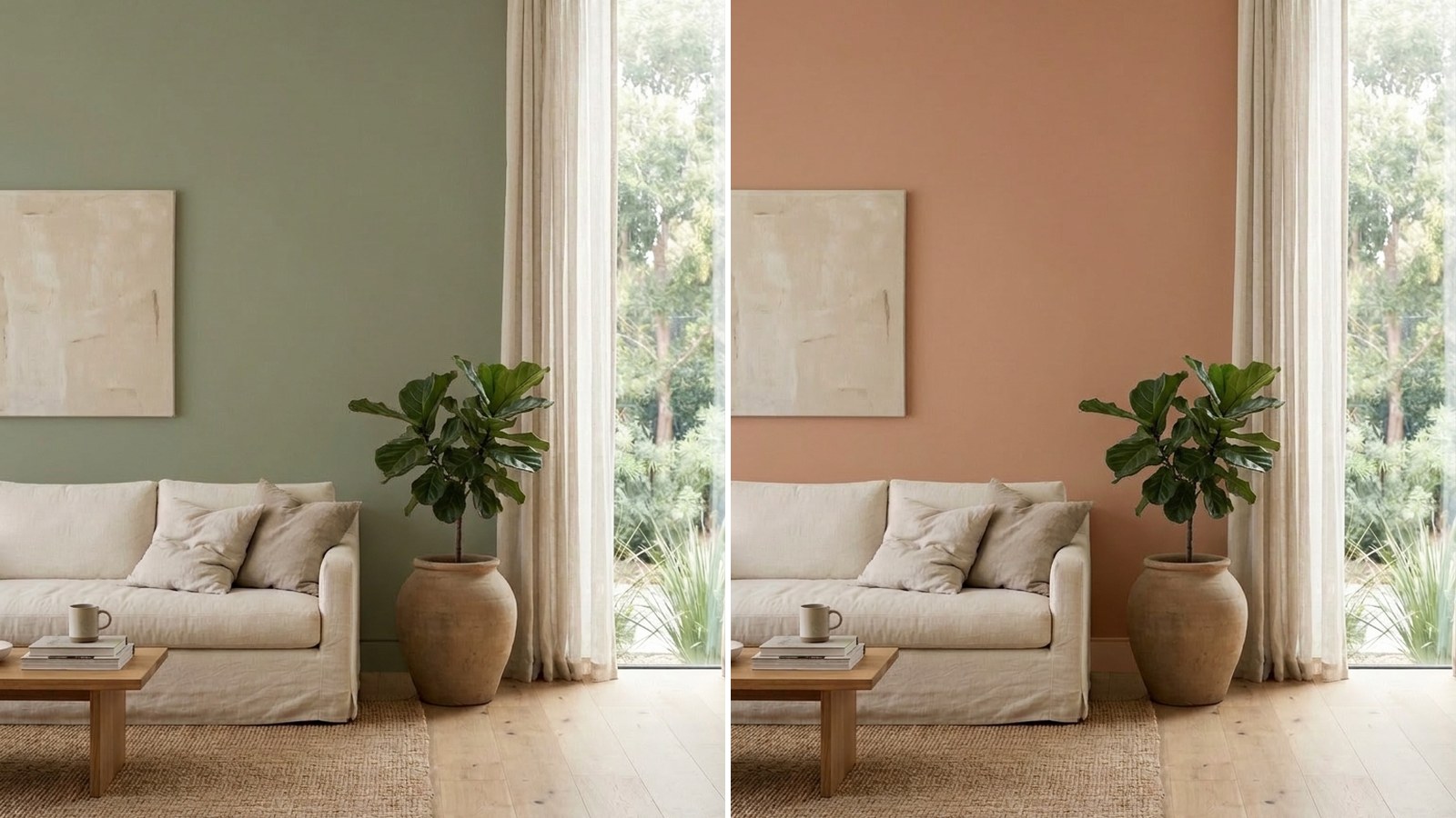 Fünf Wandfarben-Muster von Cremeweiß über Taupe, Oliv und Lehm bis zu dunklem Petrol, jedes über demselben hellbeigen Rechteck wie über einer beigen Couch